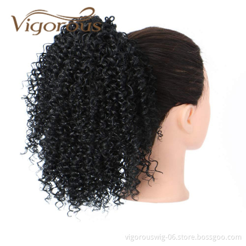 Vigorous Hot Selling Wholesale Fluffy Kinky Curly Heat Resistant Fiber Machine Made Drawstring Synthetic Ponytail Hair Extension
